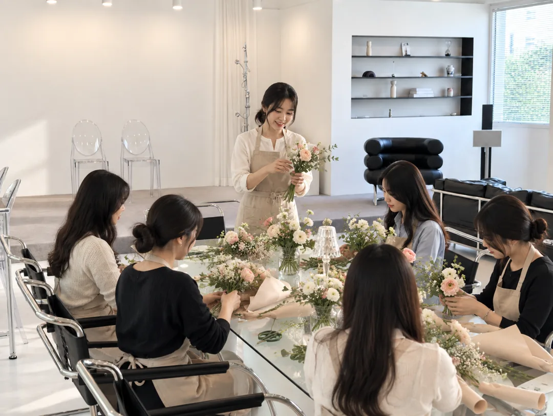 유리 테이블에서 열리는 플라워 클래스