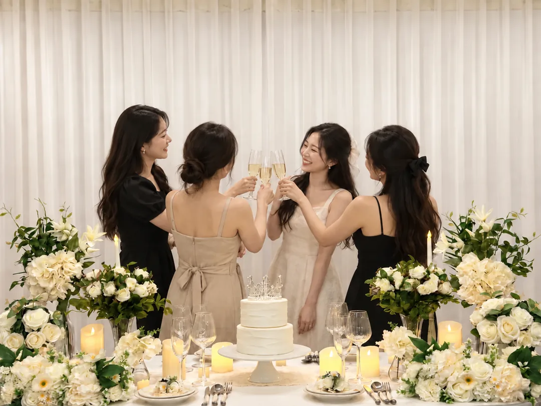 브라이덜샤워 테이블 앞에서 건배하는 친구들