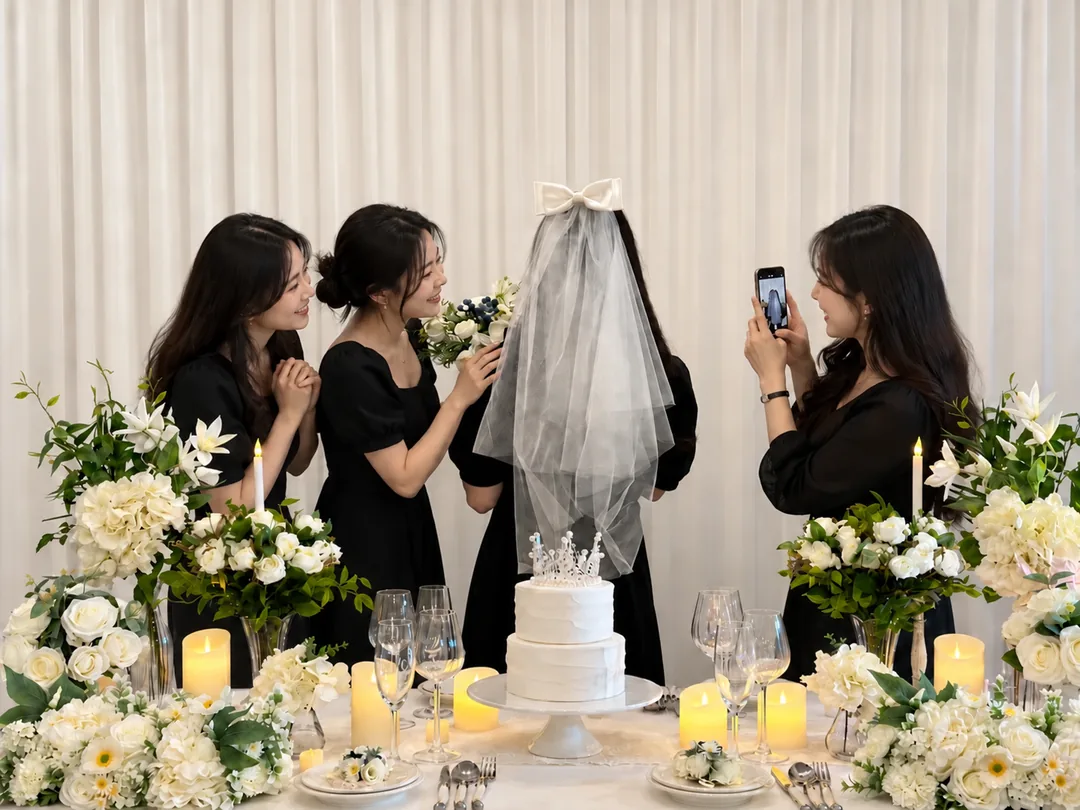 베일을 쓴 신부를 찍어 주는 친구들
